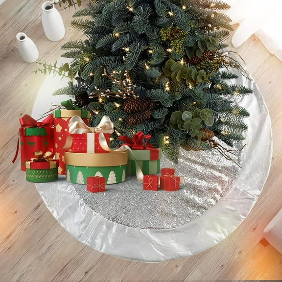 Houwsbaby Luxury Scale Silver Sequin Christmas Tree Skirt with Glitter Satin Border Sparkle Paillette Decor Double Layers Xmas Mat Ornament Holiday Party Supply Tie Closure, 32'' (02)