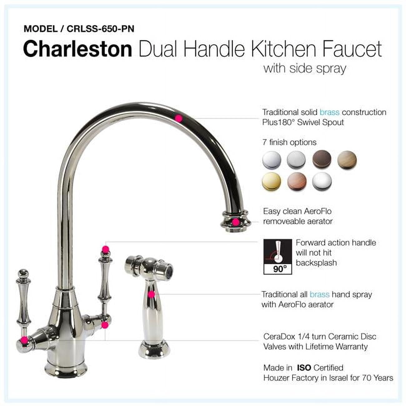 Houzer  14.56 in. Charleston Series Dual Handle Kitchen Faucet with Sidespray, Polished Nickel