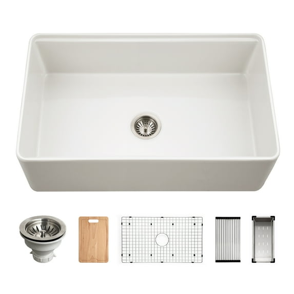 Houzer Aspire 33 in Matte White Fireclay Apron Front Farmhouse Single Bowl Workstation Sink with Accessories - PTW-3320S MWH