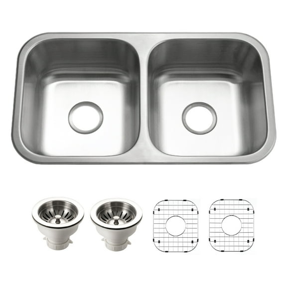 Houzer Belleo 32 in Stainless Steel Topmount 50/50 Double Bowl Kitchen Sink with Strainer and Grid - BSD-3209
