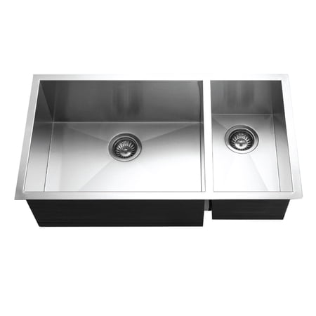 Houzer Contempo 33 in Stainless Steel Undermount 70/30 Double Right Prep Bowl Kitchen Sink with Strainer and Grid - CTO-3370SR