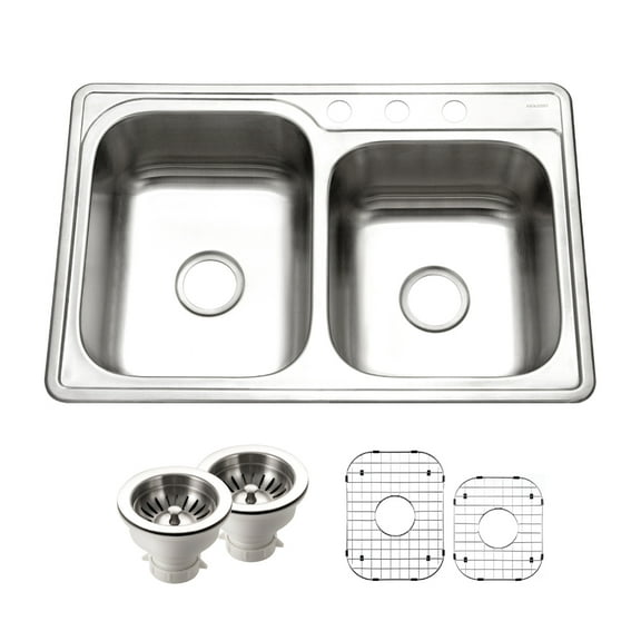 Houzer Glowtone 33 in Stainless Steel Topmount 3-hole 60/40 Double Bowl Kitchen Sink with Strainer and Grid - ISL-3322BS3-C