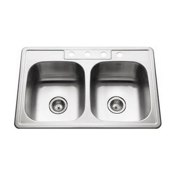 Houzer Glowtone 33 in Stainless Steel Topmount 4-hole 50/50 Double Bowl 9 in Deep Kitchen Sink - 3322-9BS4-1