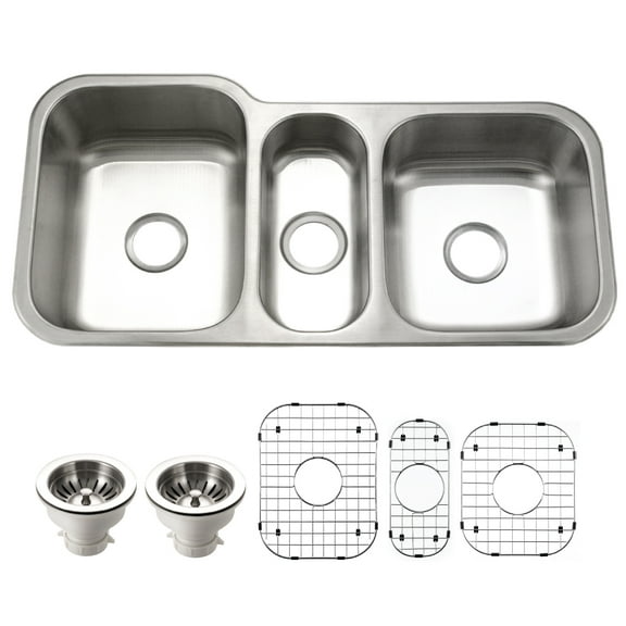 Houzer Medallion Gourmet 40 in Stainless Steel Undermount Triple Bowl Kitchen Sink with Strainer and Grid - MGT-4120-C
