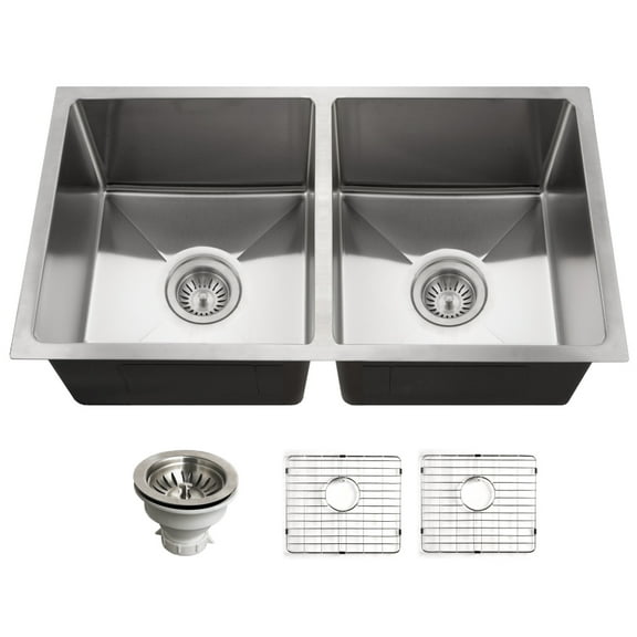 Houzer Nouvelle 31 in Stainless Steel Undermount 50/50 Double Bowl Kitchen Sink with Strainer and Grid - NOD-4200-1