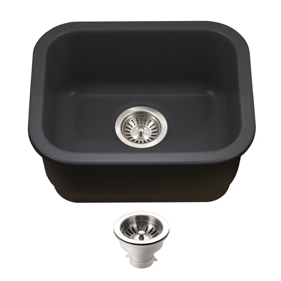 Houzer Platus 18 inch Black Fireclay Undermount Single Bowl Bar Sink with Strainer