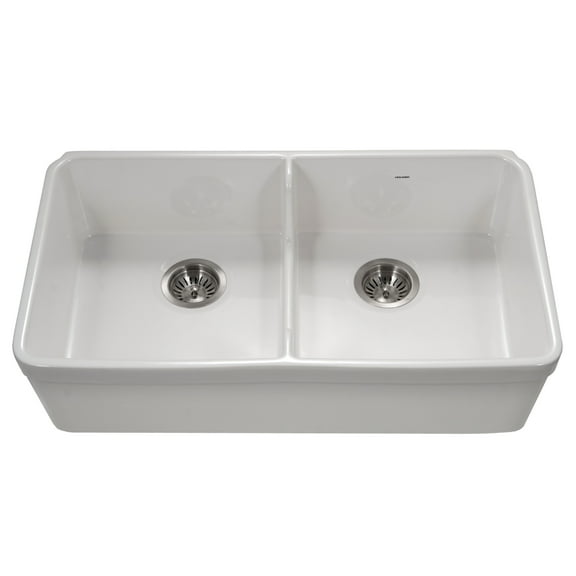 Houzer Platus 32 in White Fireclay Apron Front Farmhouse 50/50 Double Bowl Kitchen Sink with Low Divider - PTD-6400 WH