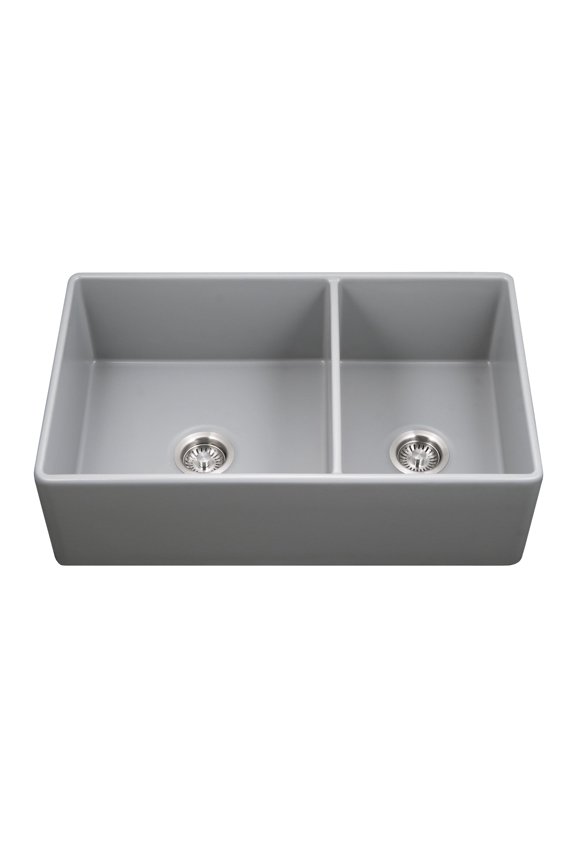 Platus 33 in Gray Fireclay Apron Front Farmhouse 60/40 Double Small Right Bowl Sink - PTD-6040 GR
