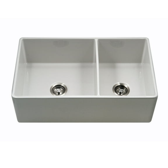 Houzer Platus 33 in White Fireclay Apron Front Farmhouse 60/40 Double Bowl Kitchen Sink - PTD-6040 WH