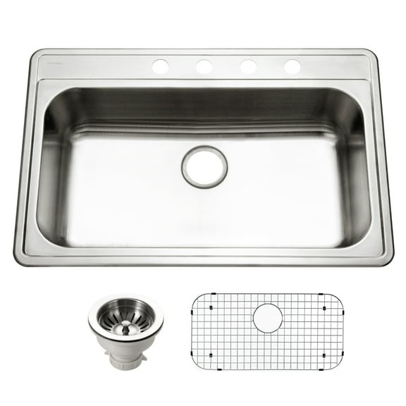 Houzer Premier 33 in Stainless Steel Topmount 4-hole Single Bowl Kitchen Sink with Strainer - PGS-3122-4-1