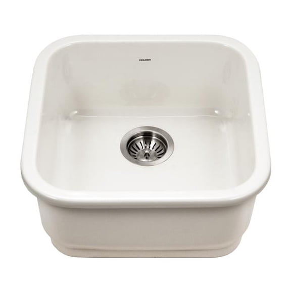 Houzer Platus 19 inch Biscuit Fireclay Undermount Square Single Bowl Bar Sink - PTB-1919 BQ-C with Basket Strainer and Basin Grid Included