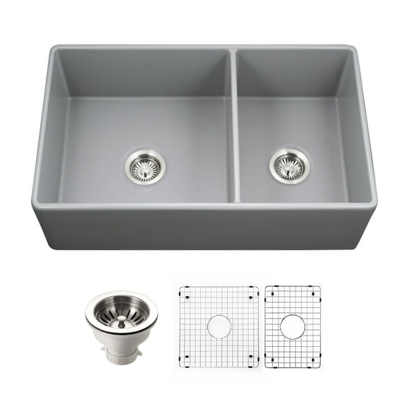 Houzer Ptd-6040-C Platus 33" Farmhouse Double Basin Fireclay Kitchen Sink - Grey