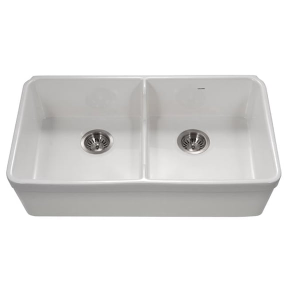 Houzer Platus 33 inch White Fireclay Apron Front Farmhouse 60/40 Double Bowl Kitchen Sink - PTD-6040 WH-C with Basket Strainer and Basin Grids Included