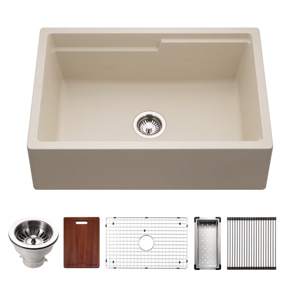 Houzer Quartztone 30 in Sand Granite Composite Apron Front Farmhouse Single Bowl Kitchen Sink with Accessories -W-130 SAND-C