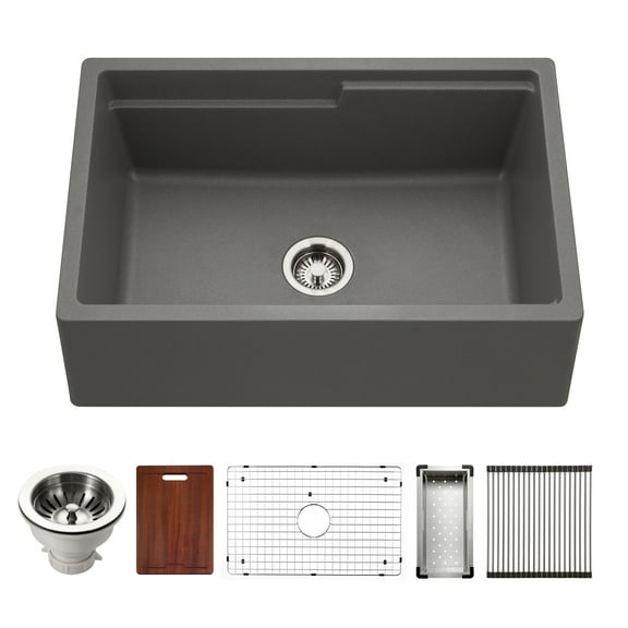 Houzer Quartztone 30 in Slate Granite Composite Apron Front Farmhouse Single Bowl Workstation Kitchen Sink with Accessories- W-130 SLATE-C