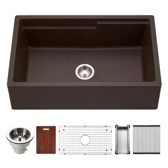 Houzer Quartztone 33" Mocha Apron Front Farmhouse Granite Composite Workstation Kitchen Sink with Accessories - W-133 MOCHA-C
