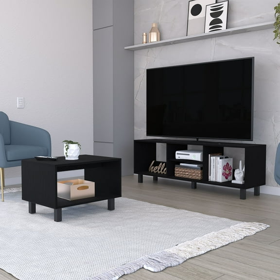 Hoven 2-Piece Black Living Room Set: 55" TV Stand & Coffee Table with Steel Legs. Modern Engineered Wood Entertainment Center for Primary Spaces.