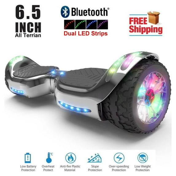 Hoverboard All-Terrain LED Flash Wide All Terrian Wheel with Bluetooth Speaker Dual LED Light Self Balancing Wheel Electric Scooter Chrome Black lbw16