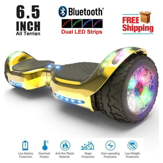Hoverboard All-Terrain LED Flash Wide All Terrian Wheel with Bluetooth Speaker Dual LED Light Self Balancing Wheel Electric Scooter Chrome Gold