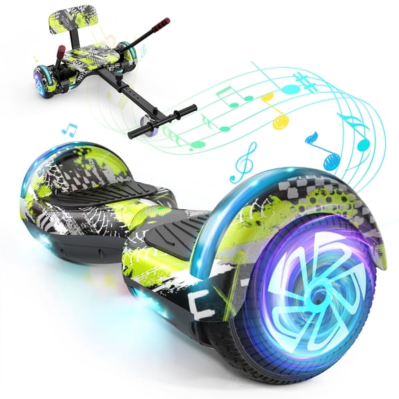 Hoverboard with Seat, 6.5" Hover Board Go Kart, Built-in Bluetooth, Wheels with LED Light