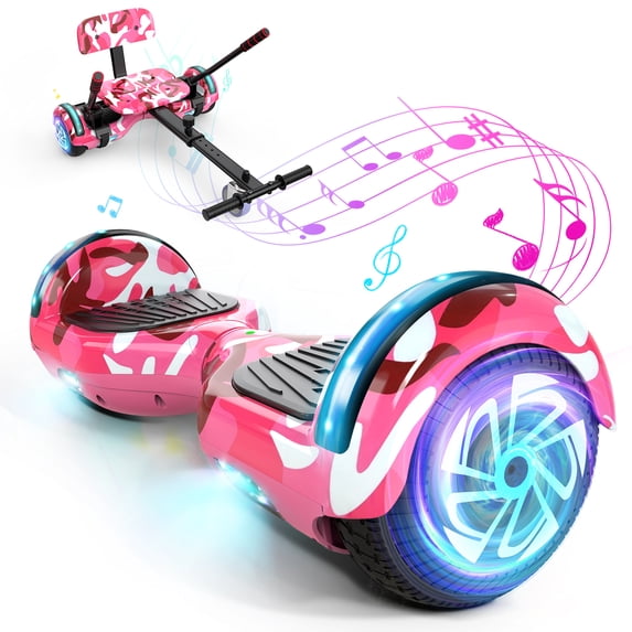 Hoverboard with Seat, 6.5" Hover Board Go Kart, Built-in Bluetooth, Wheels with LED Light
