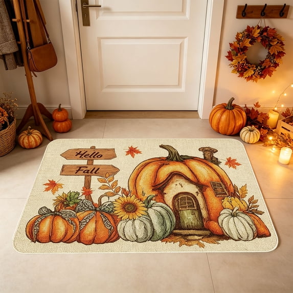 Hovilon 16x24 Inch Fall Pumpkin Thanksgiving Doormat, Khaki Polyester Welcome Mat, Non-Slip Washable Autumn Harvest Door Rug for Front Porch Entryway Kitchen, Indoor Outdoor Farmhouse Home Decor
