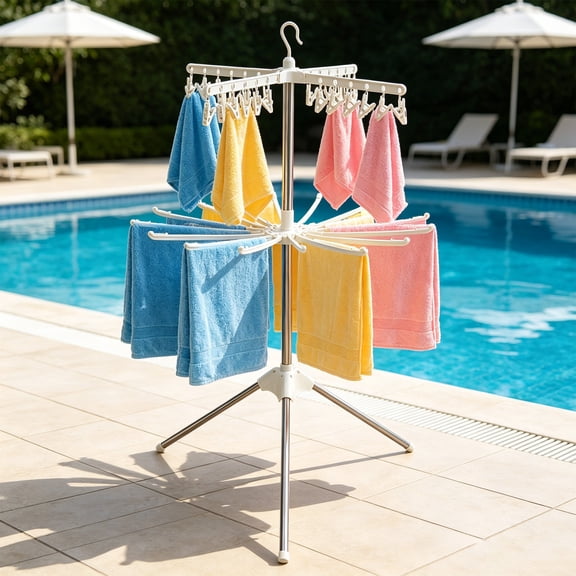 Hovilon 2-Tier Rotating Poolside Towel Rack, Rustproof Plastic Freestanding Drying Stand for Outdoor Beach and Backyard, Heavy Duty Airer for Quick Drying Swimwear and Bath Linens, White