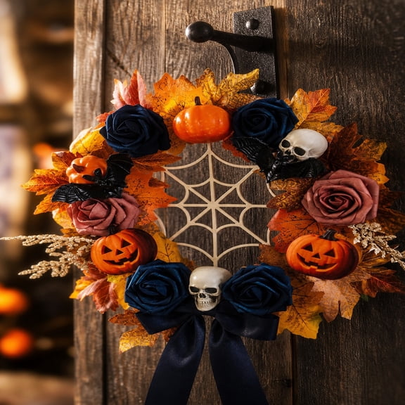 Hovilon 20 Inch Halloween Skeleton Wreath for Front Door, Gothic Horror Decor with Vintage Top Hat and Black Web, Spooky Fall Leaf Skull Wall Ornament for Window Fireplace Party, Reusable Display