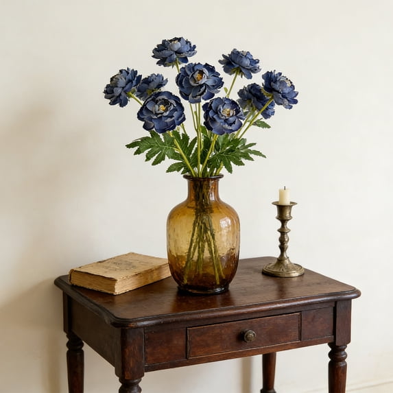 Hovilon 3-Headed Artificial Ranunculus Flowers with Long Stem, Realistic Faux Peony Bouquet for Home Decor, Farmhouse Wedding Centerpiece, and DIY Floral Arrangement, Navy, 24.4 Inches
