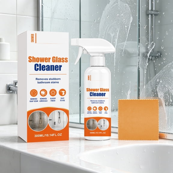 Hovilon 300ML Bathroom Mirror & Shower Door Cleaner, Streak-Free Limescale & Soap Scum Remover, Hard Water Stain Spray for Glass Tiles Enclosures, Ergonomic Household Bathroom Cleaning Kit with Cloth