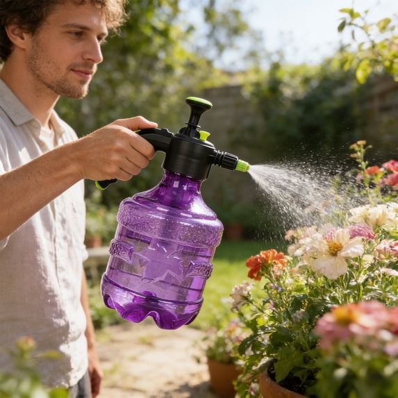 Hovilon 4L Pressurized Garden Sprayer Bottle - Extra Large Capacity Handheld Watering Can with Adjustable Mist Nozzle, Transparent Tank for Plants, Lawn Care, and Heavy Duty Cleaning (Pueple)