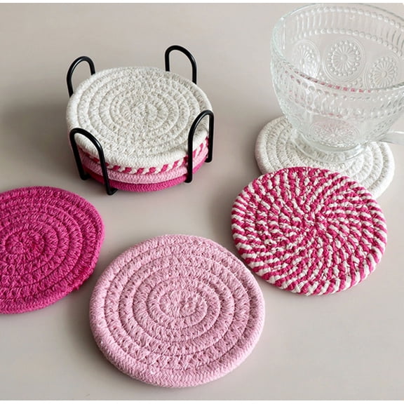 Hovilon 4pcs Cotton Woven Drink Coasters Set, 4.4 Inch Absorbent Rope Coasters for Drinks, Heat Resistant up to 210掳F, Soft Tabletop Protectors for Coffee Mugs and Glasses, Boho Home Bar Decor