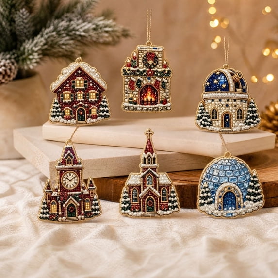 Hovilon 6PCS Christmas Wooden Ornaments DIY Pearl Kit, 6 Festive Designs Wood Pendant Style Holiday Tree Decor, DIY Painting of Diamond Craft Set for Home Decoration and Handmade Gift