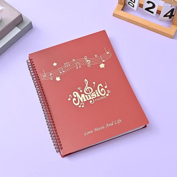 Hovilon A4 Music Score Folder with Gold Embossing - Red Piano Sheet Music Binder, Anti-Glare Transparent Pocket Organizer, Waterproof Spiral Bound Notebook for Guitar and Violin Scores