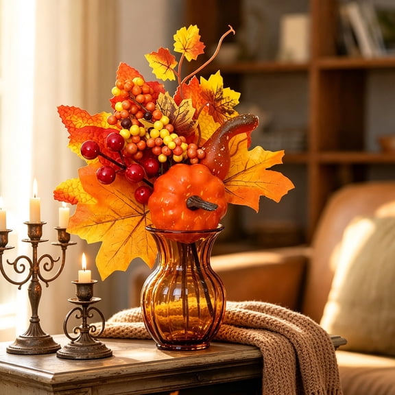 Hovilon Artificial Orange Pumpkin Maple Leaf Bouquet - 9.84in Faux Harvest Floral Pick, Plastic Fall Decoration for Thanksgiving Centerpiece, Wreath Making & Autumn Home Table Decor