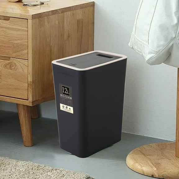 Hovilon Black 12L Push-Top Trash Can, Slim Plastic Waste Basket with Lid, Modern Garbage Bin with Bag Ring for Kitchen and Bathroom, Narrow Household Trash Container for Office and Living Room
