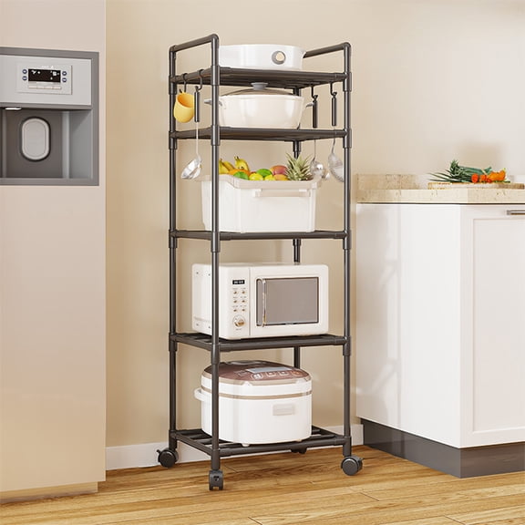 Hovilon Black 5 Tier Rolling Storage Cart - Tall Plastic Utility Shelf on Wheels, Narrow Kitchen Pantry Organizer, Bathroom Laundry Room Tower, Mobile Multi-Layer Rack for Home Office and Garage
