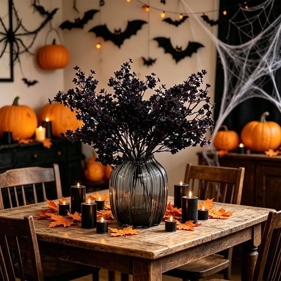 Hovilon Black Artificial Flower Bouquet 20 Inch, 5-Branch Star-Shaped Faux Floral Arrangement, Spooky Halloween Centerpiece for Table Mantel Party Backdrop, Reusable Seasonal Home Decor Accent
