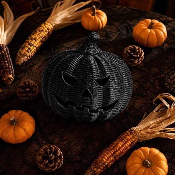 Hovilon Black Halloween Pumpkin Decoration, Wicker Texture Hollow Carved Scary Face Desktop Ornament, Solid Plastic Deformation-Resistant Shelf Mantel Entryway Party Table Festive Home Decor Gift