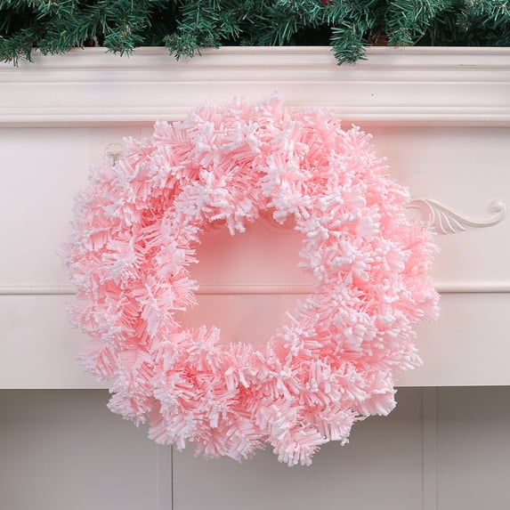 Hovilon Christmas Pink Pine Branches Wreath Blossoms Door Hanging Decoration - 12 Inch Durable Plastic Simulation White Floral Garland, Front Porch Window Display Holiday Party Ornament