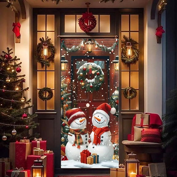 Hovilon Christmas Snowman Door Cover,Christmas Welcome Door Decoration Backdrop Let It Snow Front Door Hanging Banner Backdrop for Xmas Holiday Party Supplies Home Outdoor Door Decor, 70 x 35 Inch
