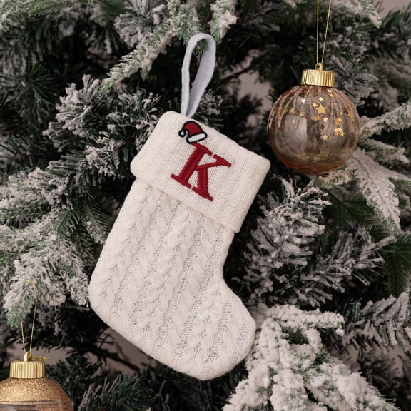 Hovilon Christmas Stockings with Initials，Decorative Knit Socks Wool Stockings Embroidered Alphabet Children's Candy Gift Bag White Christmas Socks Gift Bag（Letter K）