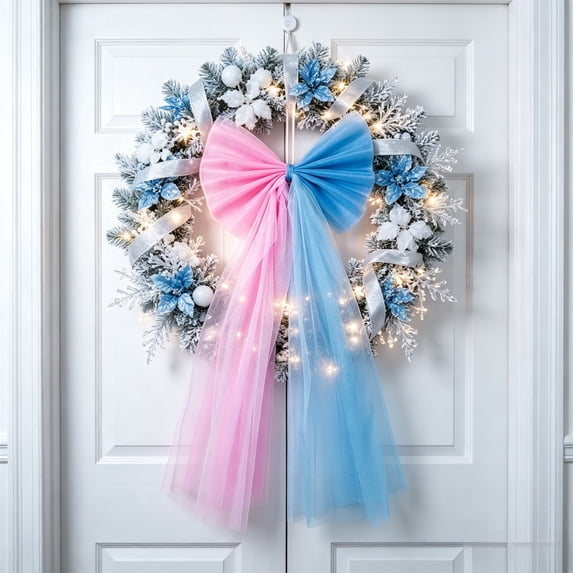 Hovilon Christmas Tree Topper Bow - Blue and Pink Snow Lace Mesh Netting Ribbon Large Flowing Decoration for Indoor Holiday Tree, Fireplace Door Wall Winter Xmas Party Home Decor Supplies Polyester