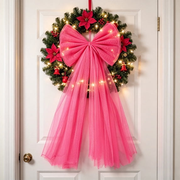 Hovilon Christmas Tree Topper Bow - Hot Pink Snow Lace Mesh Netting Ribbon Large Flowing Decoration for Indoor Holiday Tree, Fireplace Door Wall Winter Xmas Party Home Decor Supplies Polyester