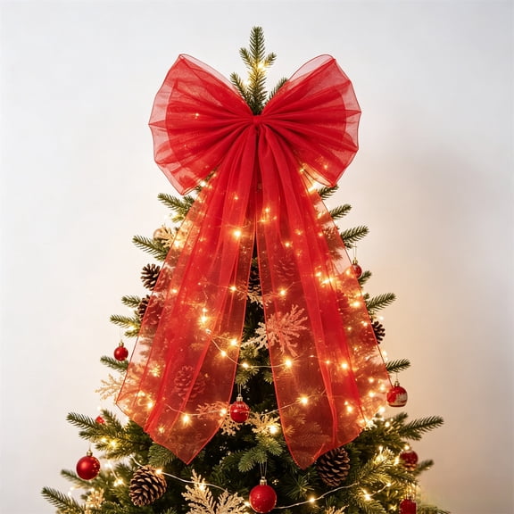 Hovilon Christmas Tree Topper Bow - Red Snow Lace Mesh Netting Ribbon Large Flowing Decoration for Indoor Holiday Tree, Fireplace Door Wall Winter Xmas Party Home Decor Supplies Polyester