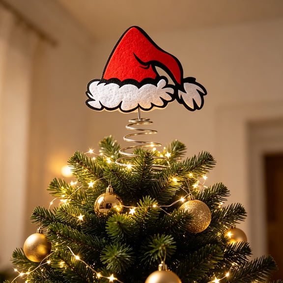 Hovilon Christmas Tree Topper Santa Hat Ornament with Metal Spring Base, Non-Woven Fabric Holiday Decoration for Christmas Tree Mantel Tabletop Display, Festive Winter Seasonal Home Decor Ornament