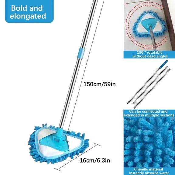 Hovilon Wall Cleaner Triangle Mop with 59" Long Handle - Wall Scrubber,Cleaning Washer Tool for Clean Walls,Ceiling,Windows,Floors,Baseboards