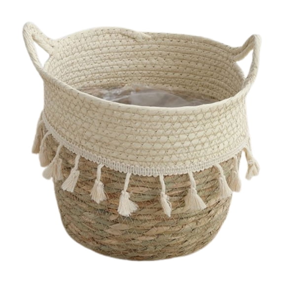 Hovilon Cotton Rope Plant Basket with Plastic Liner Rustic Plant Basket Planters Modern Woven Plant Basket,Decorative Flower Pots Cover Laundry Bin with Handle Rustic Home Decor(M)