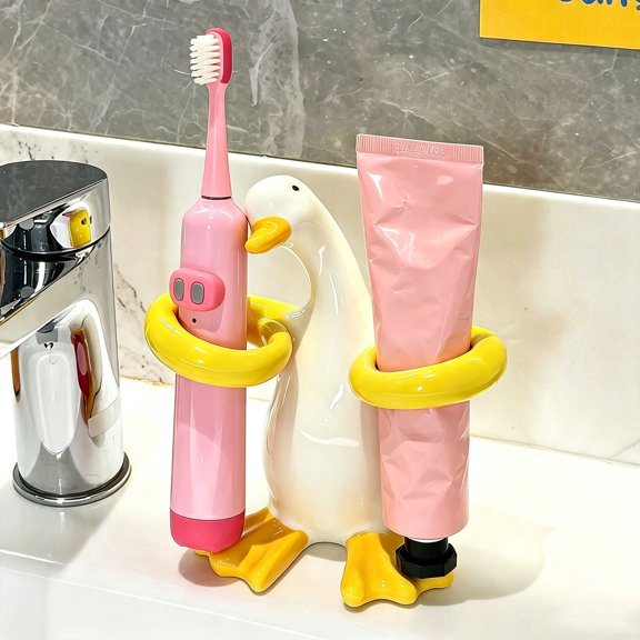 Hovilon Cute Duck Ceramic Toothbrush Holder, 2 Slot Bathroom Counter Organizer for Toothbrush and Toothpaste, Decorative Vanity Storage for Adults, Easy Rinse Bathroom Accessory