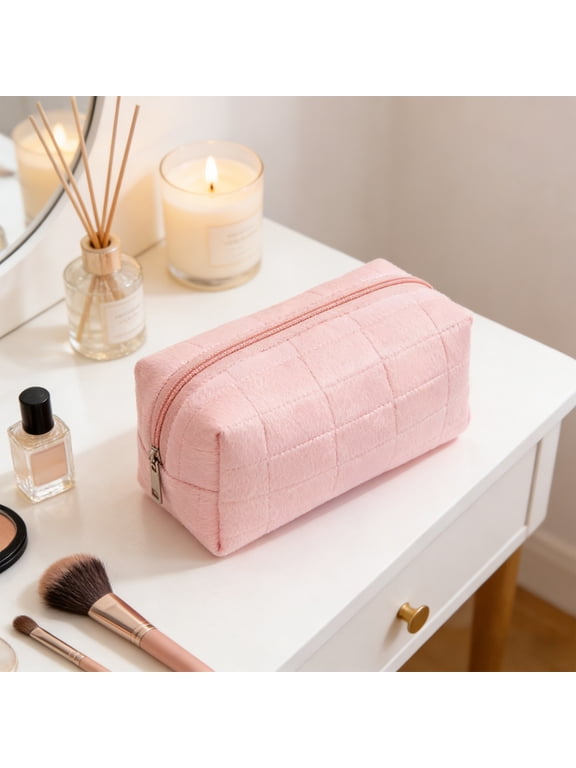 Cute Soft Cosmetic Bag for Women - Pink Plush Makeup Organizer Pouch, Portable Travel Toiletry Case, Small Beauty Storage Bag for Skincare and Brushes, Ideal Gift